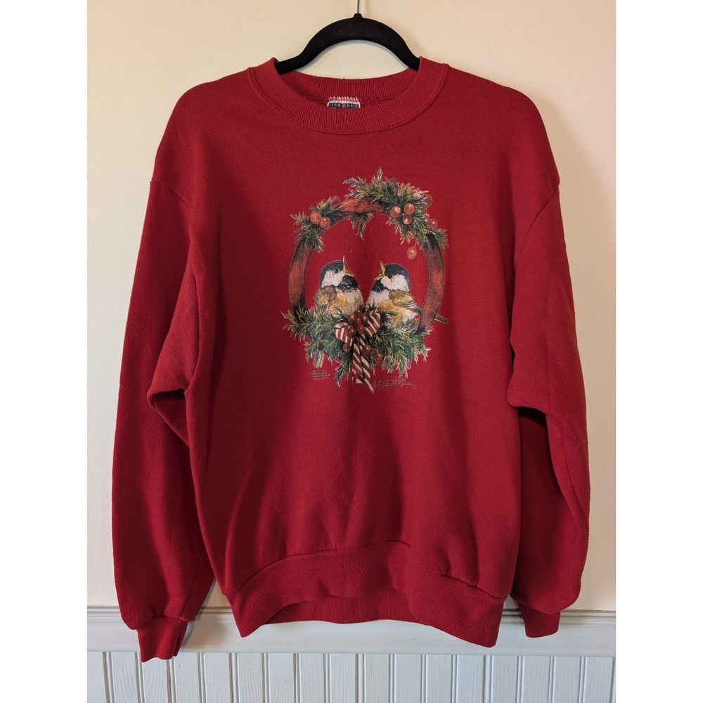 Vintage 90s Christmas Birds Sweatshirt Medium Red Crewneck Grandma Caroling USA
